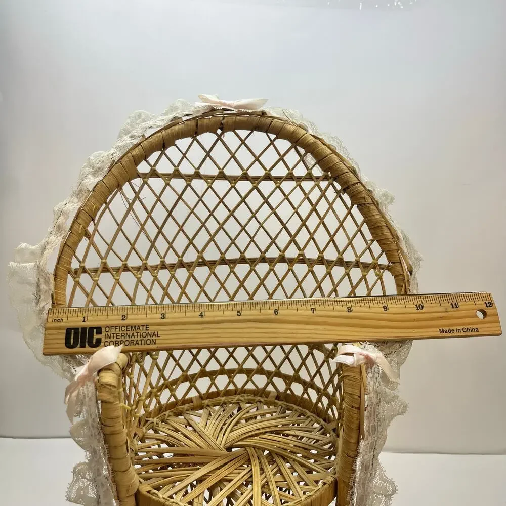vtg peacock chair doll size lace bow trim wicker‎ plant stand cottagecore boho
